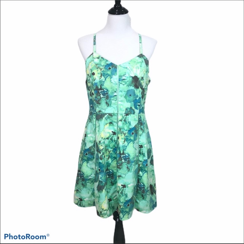 Candie's V neck side zip racer back green and blue floral print sundress